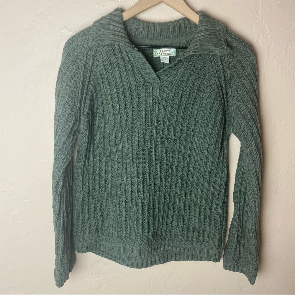 Tommy Bahama Green Chunky Cotton Collared Sweater XS